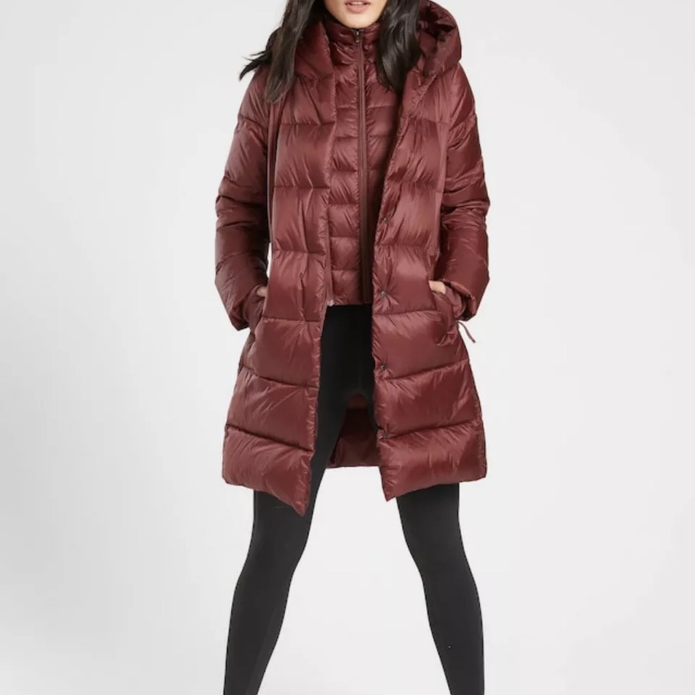 Athleta Long Knee Length Loft Down Coat Dark Red Maroon Size M